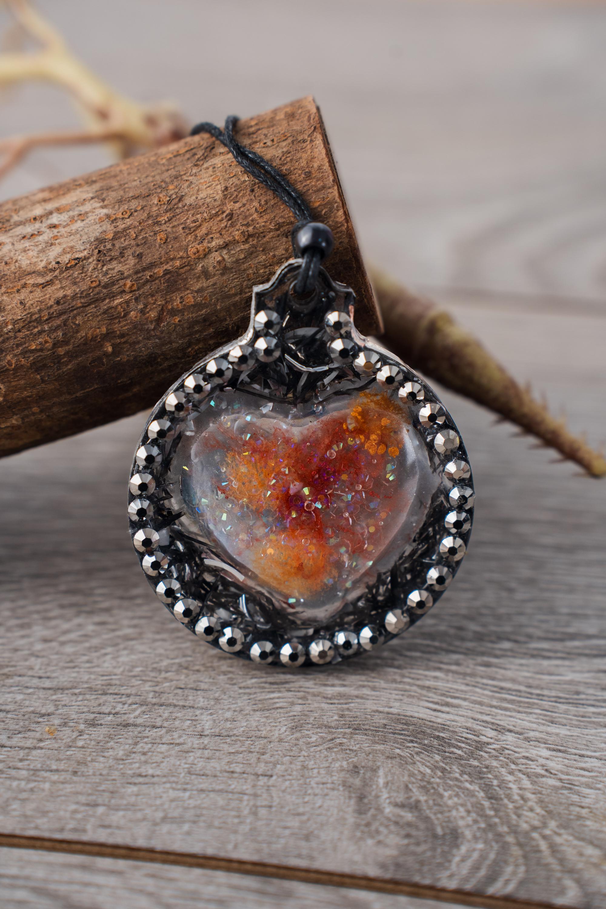 Silver Heart on Heart - Resin ornament featuring a handmade heart cabachon on a bed of daisy forms with a rhinestone halo - Image 1