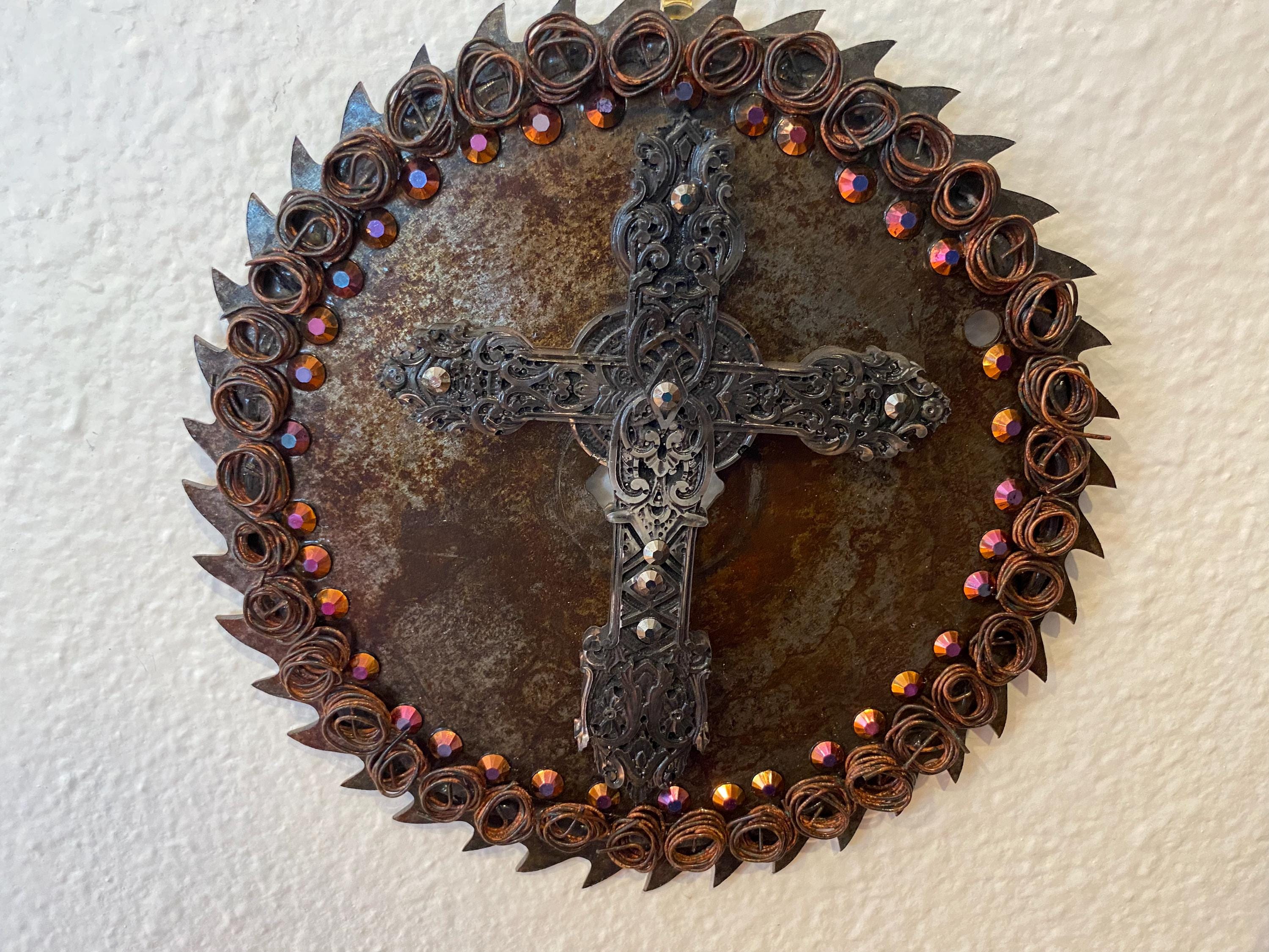 Irish Cross - Recycled Handcrafted Eco-Friendly Décor Rustic Wall Art Unique Home Gift Handmade Upcycled Metal Stone Wreath Studio - Thumbnail 4