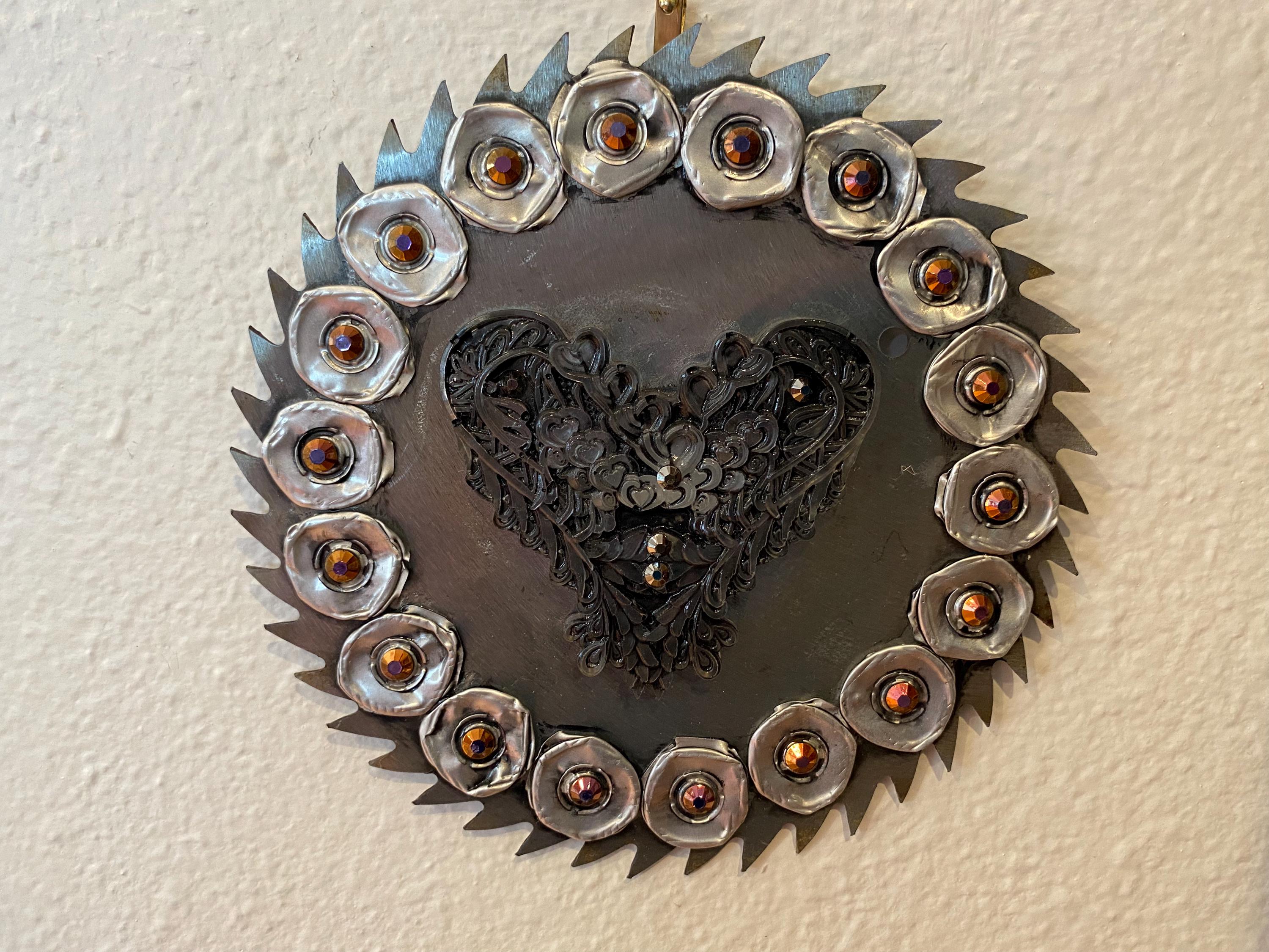 Flowery Heart - Recycled Handcrafted Eco-Friendly Décor Rustic Wall Art Unique Home Gift Handmade Upcycled Metal Stone Wreath Studio - Thumbnail 5