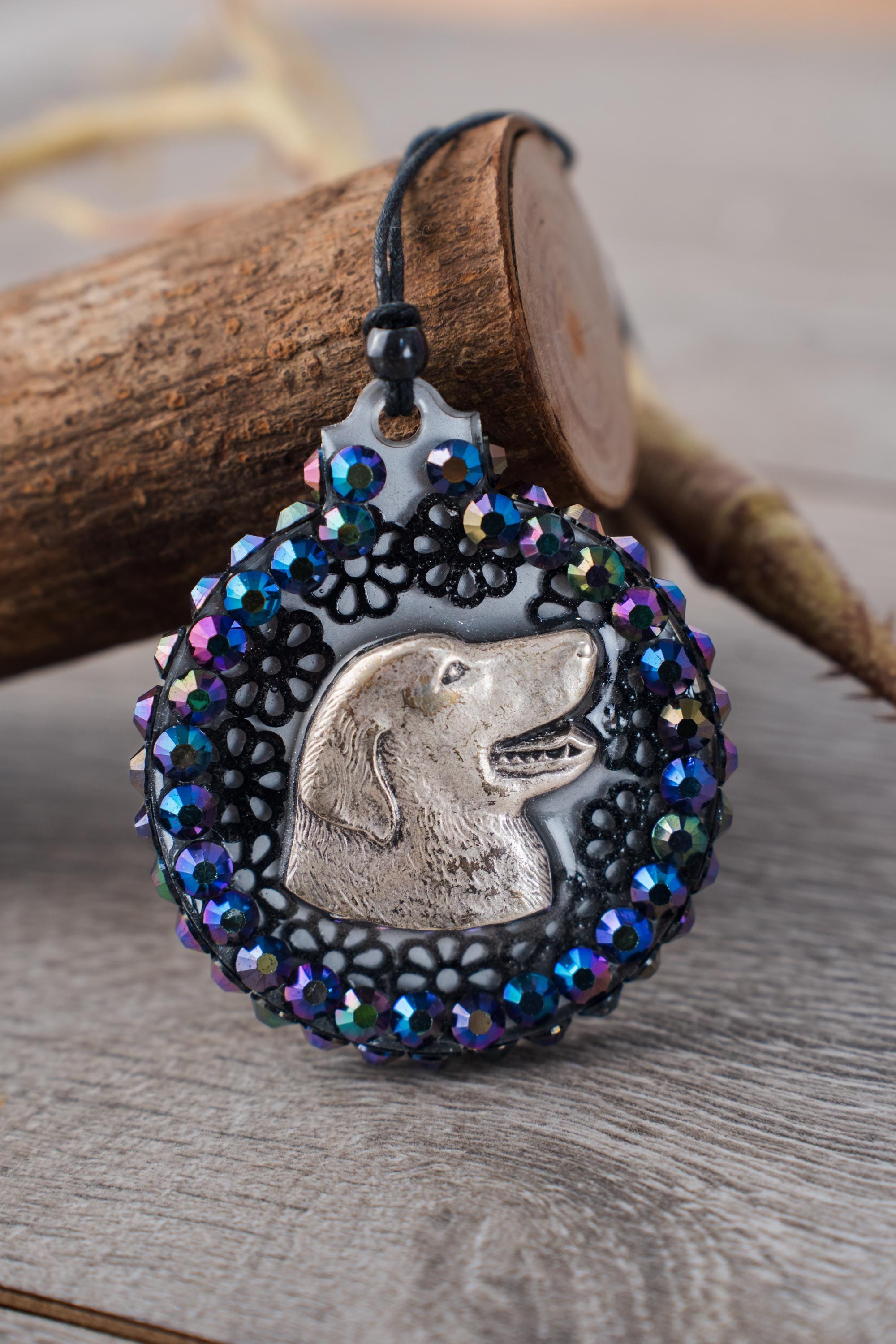 Blue Dog - Resin ornament with a dog buckle on a bed of daisies with a rhinestone halo - Image 1