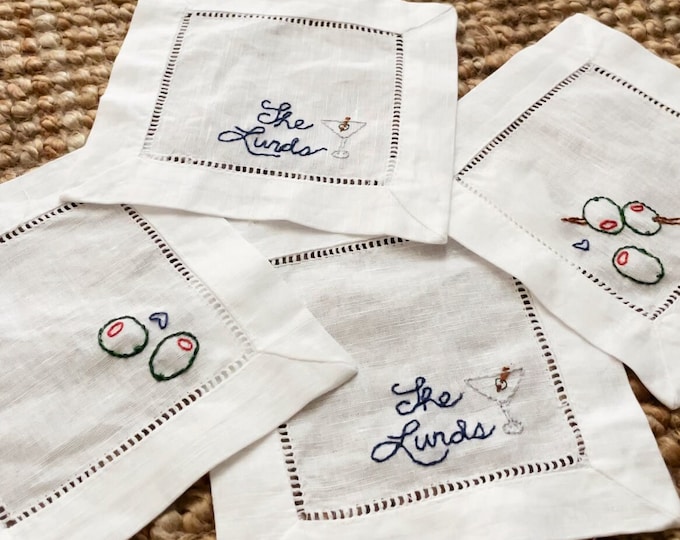 Hand Embroidered Wedding or Engagement Martini Cocktail Napkins