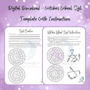Könnte beinhalten: Digitaler Download-Vorlage für ein Hexenrad-Sigill, mit Anweisungen und Sigil-Erstellungsanleitungen. Das Design beinhaltet ein Rad mit Buchstaben und Platz für Affirmationen.