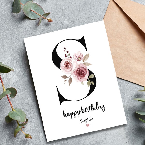 Personalized Happy birthday card, Initial Birthday Card, Custom Birthday Card, Simple Minimalist Design, Flowers Letter