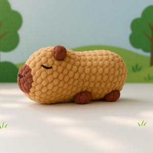 May include: A handmade, plush capybara toy. The capybara is primarily a light brown color with darker brown accents on its nose, ears, and feet. The toy has a textured, knitted appearance and a simple, minimalist design, perfect for children.