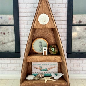1:12 scale miniature dollhouse canoe or boat shelf, natural or walnut finish, coastal, nautical, beach decor.