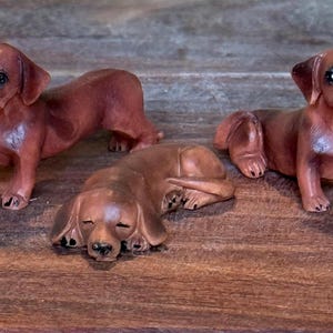 1:12 scale dollhouse miniature smooth haired brown dachshunds, wiener dogs, Doxie’s.