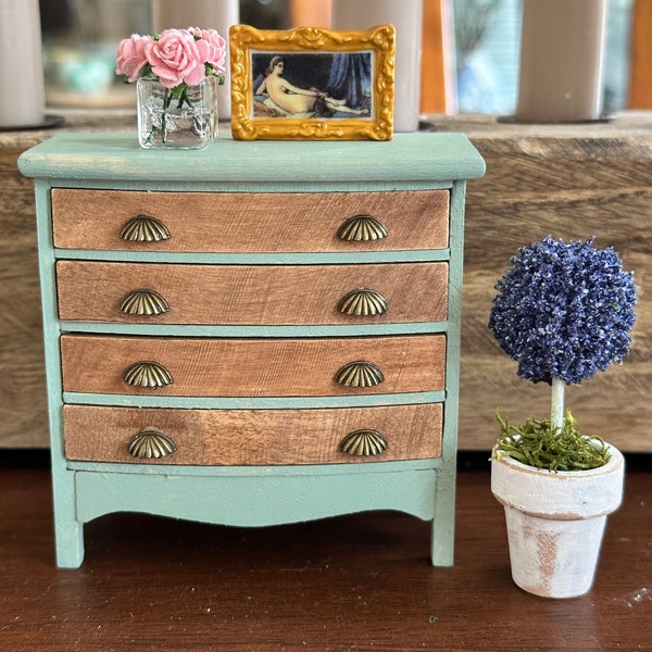 1:12 scale dollhouse miniature refinished wooden dresser in green, chest of drawers, sideboard.