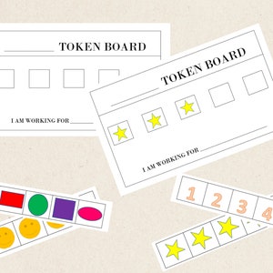 May include: Two printable token boards with different reward systems. One board has four blank squares and the text "I am working for". The other board has five stars and the text "I am working for". There are also two strips of tokens with different images: one with numbers 1-5 and the other with a triangle, square, circle, rectangle, and oval.