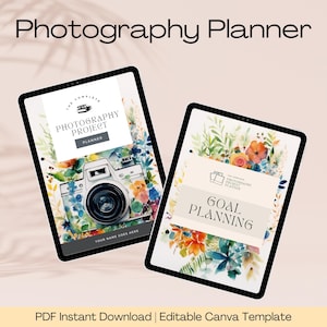 May include: Two digital tablet screens displaying a photography project planner. The left screen features a watercolor illustration of a camera with flowers. The right screen features a watercolor illustration of flowers with the text "Goal Planning".