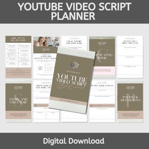 Könnte beinhalten: Ein digitaler Download-Planer für die Erstellung von YouTube-Videoskripten. Der Planer enthält Abschnitte für die Gliederung Ihrer Videostruktur, die Identifizierung Ihres Publikums, das Schreiben Ihres Hooks und das Tempo und die Übergänge.