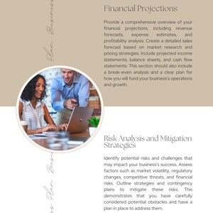 Puede incluir: Un documento de plan de negocios con una foto de dos personas trabajando en una computadora port&aacute;til. El texto en la p&aacute;gina trata sobre proyecciones financieras y estrategias de an&aacute;lisis y mitigaci&oacute;n de riesgos.