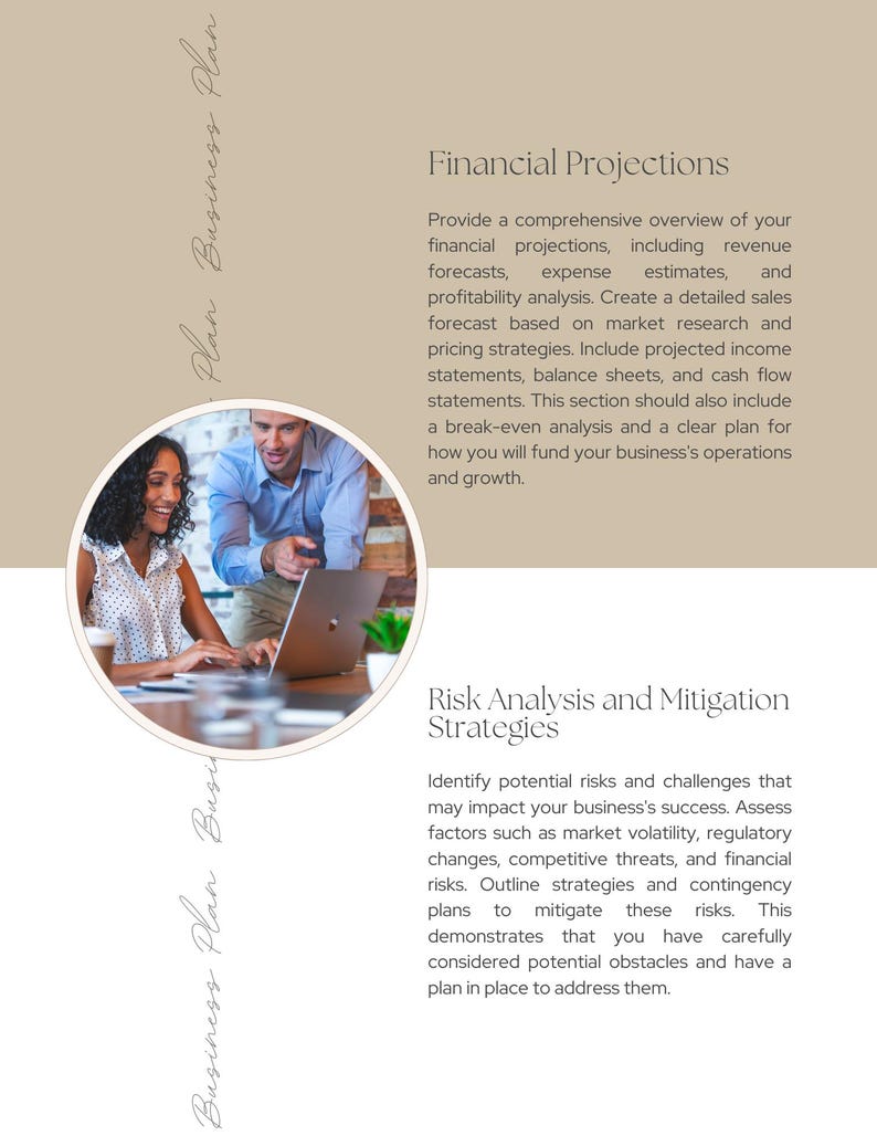 Puede incluir: Un documento de plan de negocios con una foto de dos personas trabajando en una computadora port&aacute;til. El texto en la p&aacute;gina trata sobre proyecciones financieras y estrategias de an&aacute;lisis y mitigaci&oacute;n de riesgos.