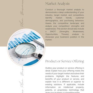 Puede incluir: Una lupa se coloca sobre un gr&aacute;fico con barras azules y blancas. El texto "An&aacute;lisis de mercado" y "Oferta de productos o servicios" es visible. El texto describe la realizaci&oacute;n de un an&aacute;lisis de mercado exhaustivo para demostrar una comprensi&oacute;n profunda de su industria, mercado objetivo y competidores. Tambi&eacute;n describe la descripci&oacute;n detallada de su oferta de productos o servicios.