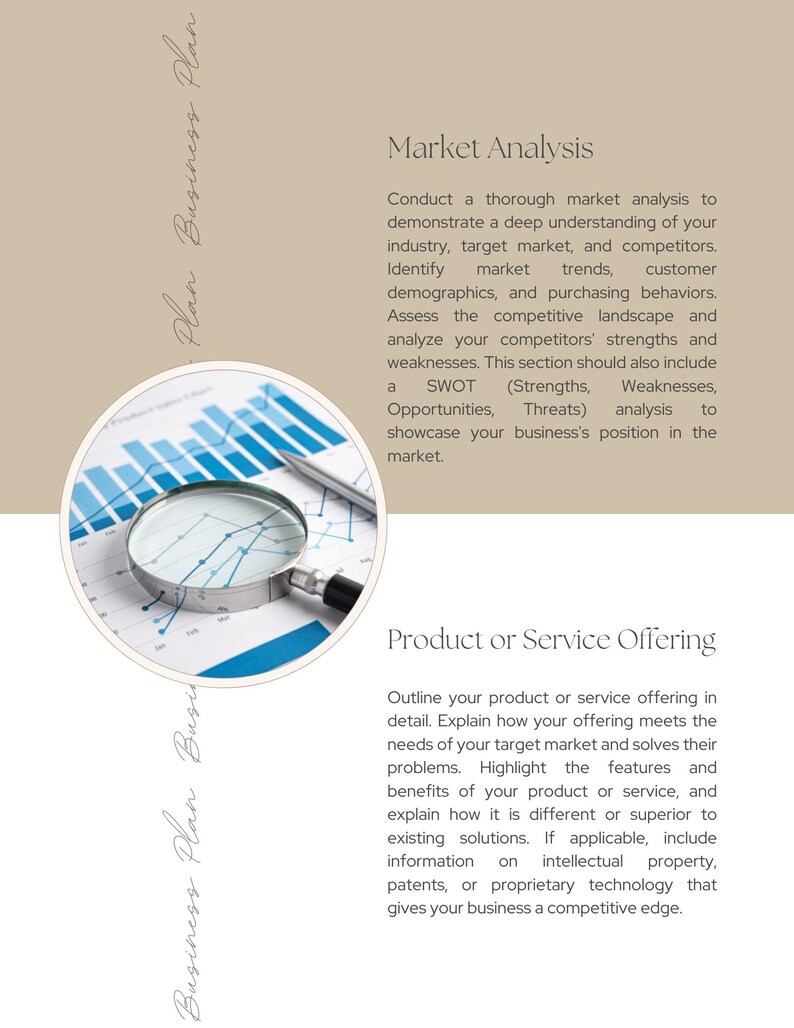 Puede incluir: Una lupa se coloca sobre un gr&aacute;fico con barras azules y blancas. El texto "An&aacute;lisis de mercado" y "Oferta de productos o servicios" es visible. El texto describe la realizaci&oacute;n de un an&aacute;lisis de mercado exhaustivo para demostrar una comprensi&oacute;n profunda de su industria, mercado objetivo y competidores. Tambi&eacute;n describe la descripci&oacute;n detallada de su oferta de productos o servicios.