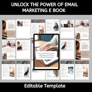 Peut inclure: Modèle de livre électronique de marketing par e-mail avec le titre "Unlock the Power of Email Marketing E Book" et le sous-titre "Personal Brand Mastery: Unlocking the Power of Email Marketing". Le modèle est conçu pour être édité et comprend des images de personnes utilisant des ordinateurs portables.