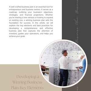 Puede incluir: Un grupo de personas trabajan juntas en una pizarra blanca cubierta de notas adhesivas. El texto "Developing a Winning Business Plan: Key Elements and Best Practices" est&aacute; escrito en marr&oacute;n sobre un fondo beige.