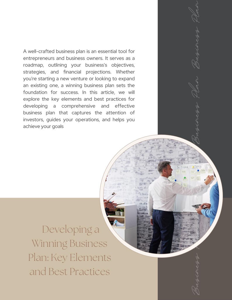 Puede incluir: Un grupo de personas trabajan juntas en una pizarra blanca cubierta de notas adhesivas. El texto "Developing a Winning Business Plan: Key Elements and Best Practices" est&aacute; escrito en marr&oacute;n sobre un fondo beige.