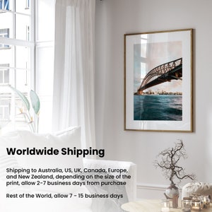 Shipping to Australia, US, UK Canada, Europe and New Zealand, depending on the size of the print, allow 2 to 7 business days from purchase. rest of world, allow 7 -15 business days