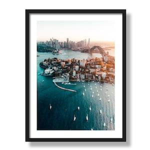 Luchtfoto fotoafdruk Sydney | Operagebouw en Harbour Bridge bij Golden Hour | Kustmuurkunst | Niet ingelijste gicléeprint | Reiscadeau Australië