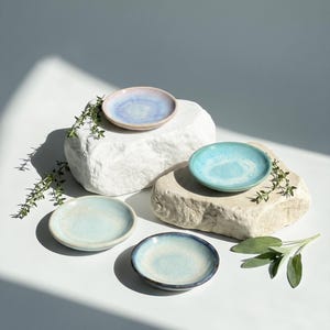 Puede incluir: Conjunto de pequeños platos de cerámica en tonos azules y blancos. Los platos se exhiben sobre piedras blancas y beige, con ramitas de vegetación. Los platos tienen un acabado esmaltado y son ideales para servir.