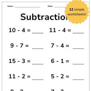 12 feuilles d'exercices à imprimer sur la soustraction - Moins, exercices de maths, apprentissage des enfants, école à la maison, maternelle, calculs élémentaires, calculs mentaux