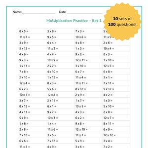 May include: A worksheet with 10 sets of 100 multiplication problems. The worksheet is titled "Multiplication Practice - Set 1". The worksheet is divided into three columns, each with 20 multiplication problems. The problems are all single-digit multiplication problems. The worksheet is designed to help students practice their multiplication skills.