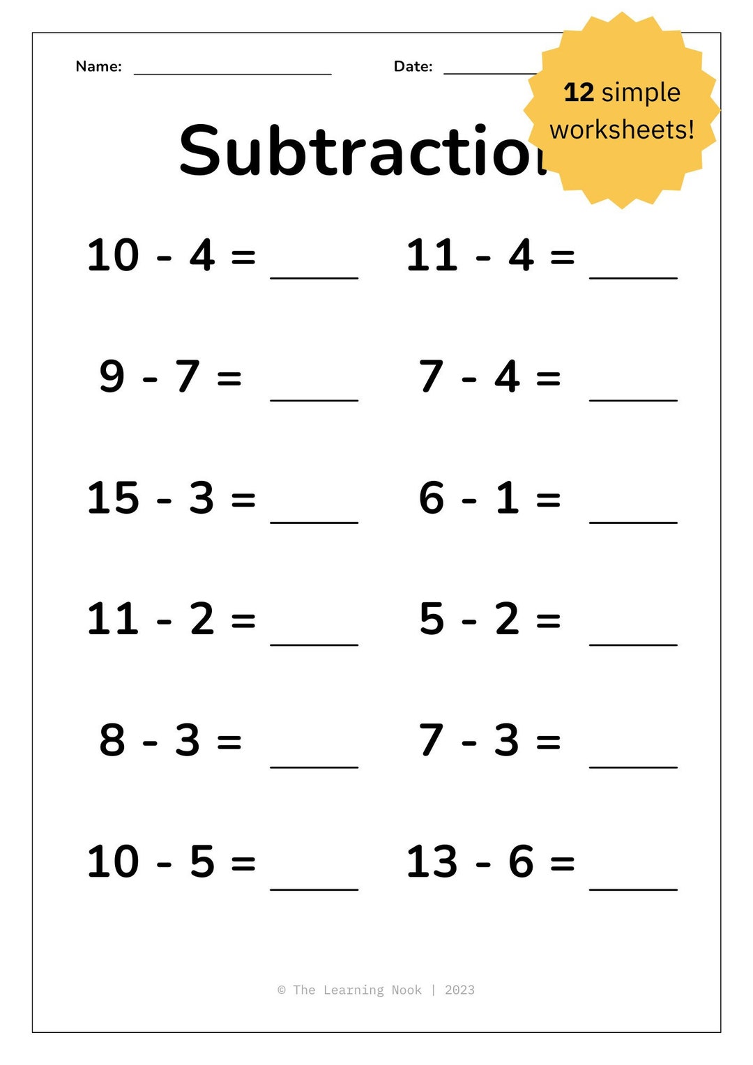 12 Printable Subtraction Worksheets - Minus, Maths Drills, Kids ...