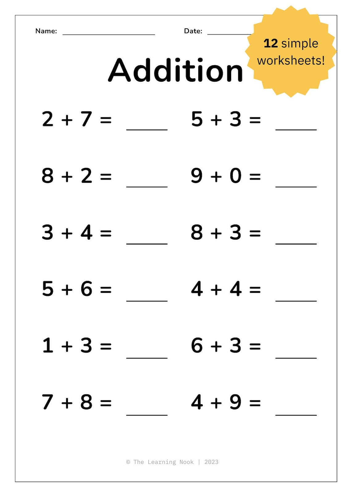 12 Printable Addition Worksheets Single Digit Addition, Maths Drills