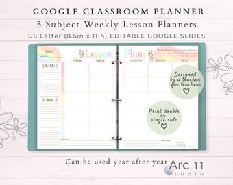 Editable Teacher Planner | 12 month | 5 Subject Weekly Lesson Plan (Google Slides) | Rainbow Design