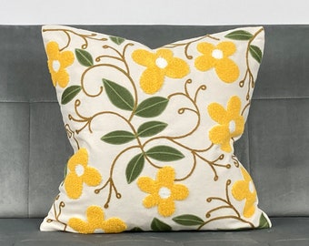 Yellow Flowers Embroidered Cushion Cover | Gift Spring Decor | Housewarming Gift | Cozy Home Accent | Tufted Yellow Throw Pillow | 45x45cm