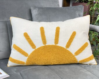 Sun Embroidered Cushion Cover | Gift Spring Decor | Housewarming Gift | Cozy Home Accent | Tufted Yellow Sun Pillow | Cotton Canva | 30x50cm