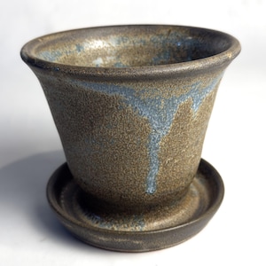 Wheel Thrown Stoneware Planter with Built-In Drainage Tray | Driftwood Blue Glaze