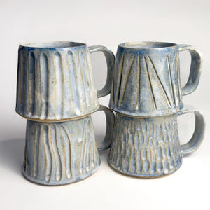 Set of Four Handmade Ceramic Mugs – Textured Pottery Coffee Cup – 8oz Artisan Stoneware – Rustic Blue Glazed Mugs – Unique Handmade Gift