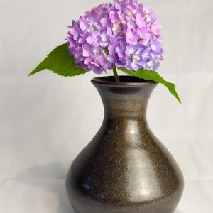 May include: A dark brown ceramic vase displays a vibrant purple hydrangea flower with green leaves. The vase has a glossy finish and a classic, rounded shape, ideal for home decor.