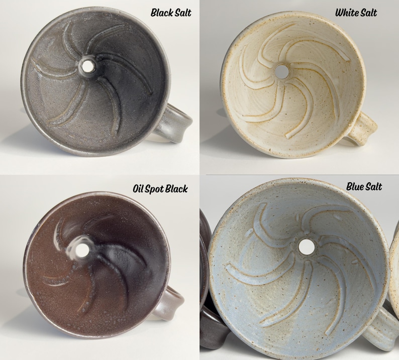 May include: Four ceramic funnels in different colors: black, white, oil spot black, and blue. Each funnel has a handle and a central hole. The text "Black Salt", "White Salt", "Oil Spot Black", and "Blue Salt" is visible above each funnel.