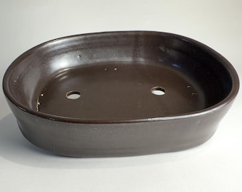 Hand-Thrown Bonsai Planter: Brown Glaze Oval Ceramic Pot (10.5" x 9" x 2.25")
