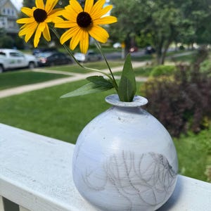 Puede incluir: Un pequeño jarrón redondo azul claro con un patrón negro decorativo, que contiene dos flores amarillas y negras. El jarrón está sobre una superficie blanca, con un fondo verde de hierba y árboles.