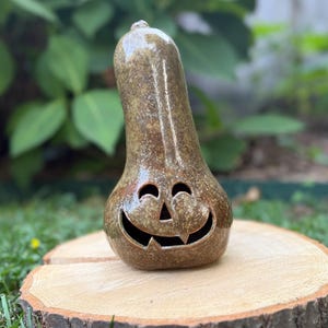 Hand Made Ceramic Butternut Squash Jack 'O Lantern | Light Up Fall and Halloween Decoration
