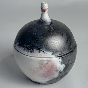 May include: A round ceramic jar with a lid. The jar is black and white with a pink accent. The lid has a small knob on top.