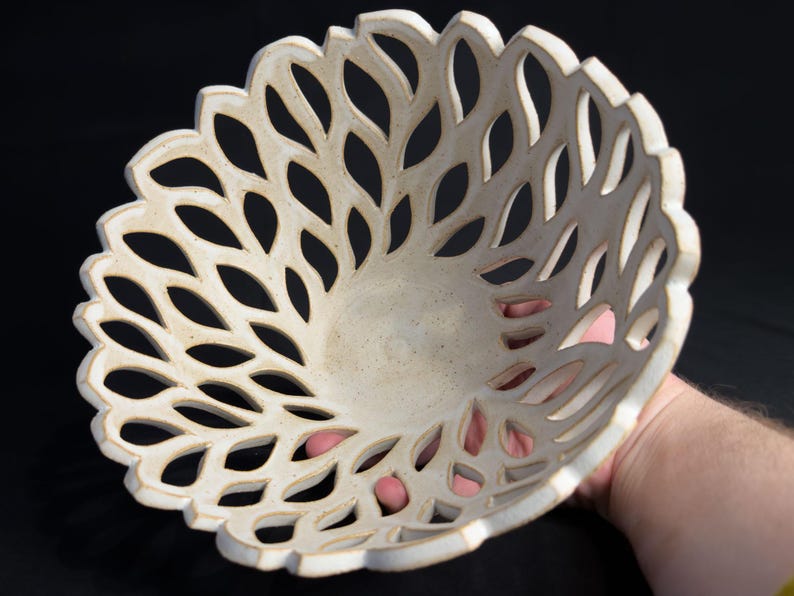 Hand Carved Stoneware Fruit Bowl, Wheel Thrown Pierced Pottery ...