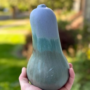 Könnte beinhalten: Eine keramische Vase in Butternusskürbisform mit Farbverlauf. Die Oberseite ist hellblau, geht in Türkis über und dann in ein gedämpftes Grün an der Basis. Die Vase wird in einer Hand gehalten, mit einem verschwommenen Hintergrund im Freien.