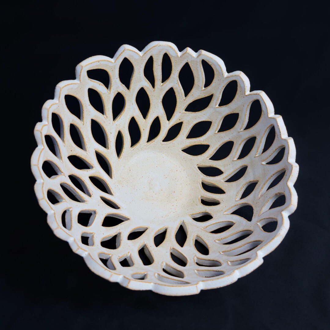 Hand Carved Stoneware Fruit Bowl, Wheel Thrown Pierced Pottery ...