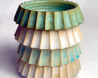 Hand Carved Stoneware Bowls: Aqua & Cream Fluted Dishes, Set of 4