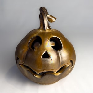 Hand-Thrown and Carved Ceramic Jack 'O Lantern in Brown and Gold Glaze