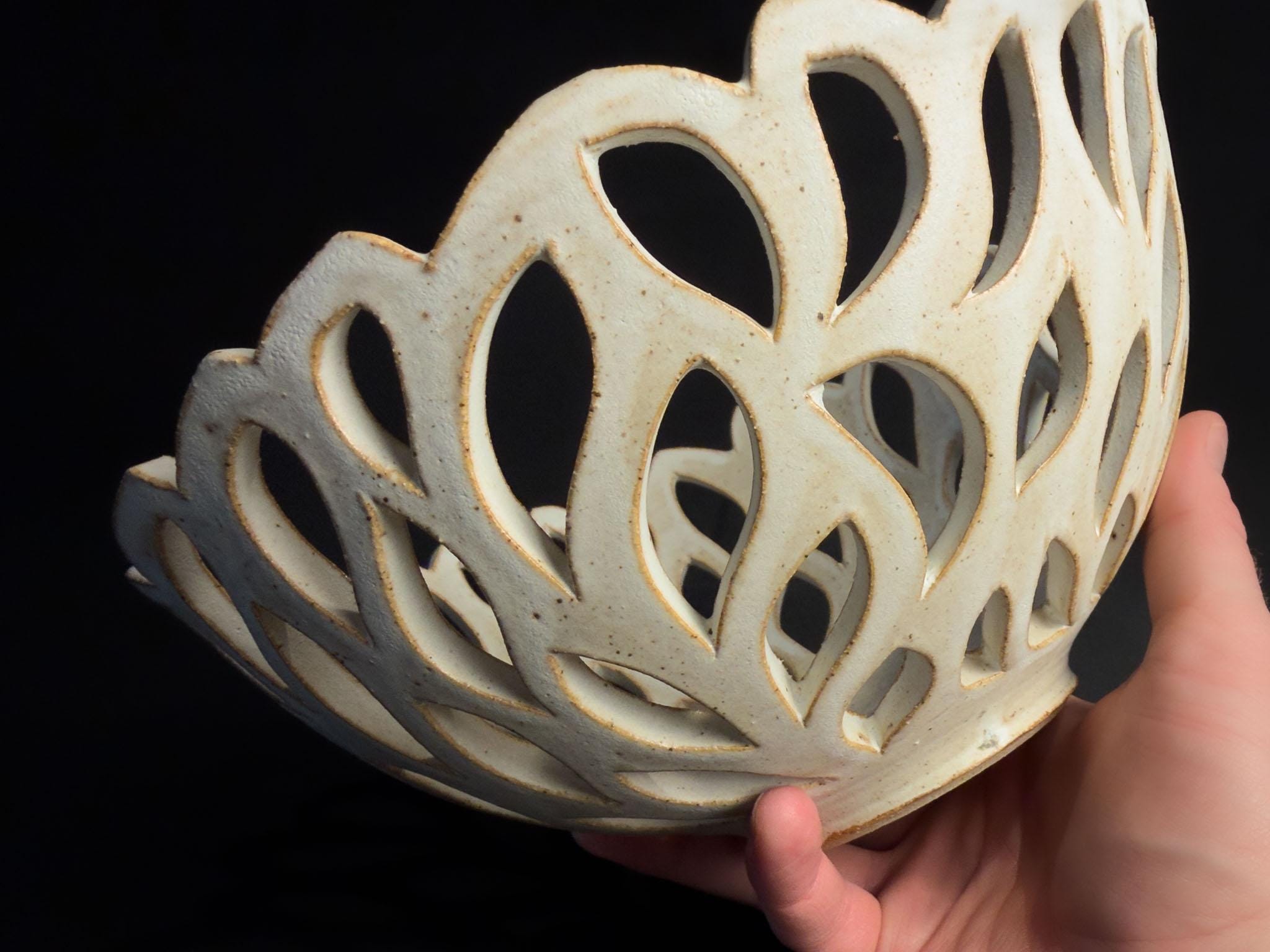 Hand Carved Stoneware Fruit Bowl, Wheel Thrown Pierced Pottery ...