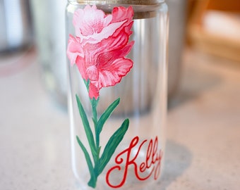 Personalized Hand-Painted Drinking Glass/Tumbler, Birth Month Flower and Name