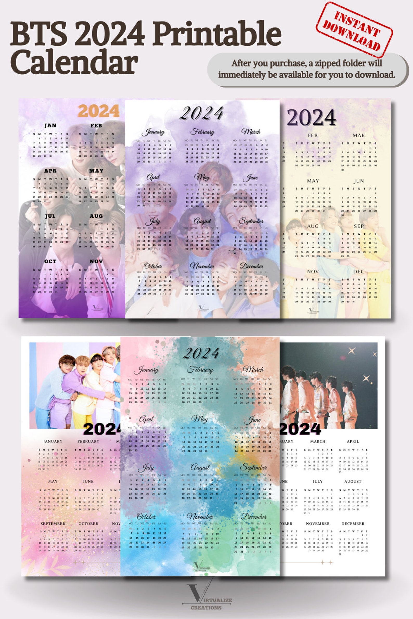 BTS Printable Calendar 2024 BTS Aesthetic Elegant Bts OT7 Calendar 2024