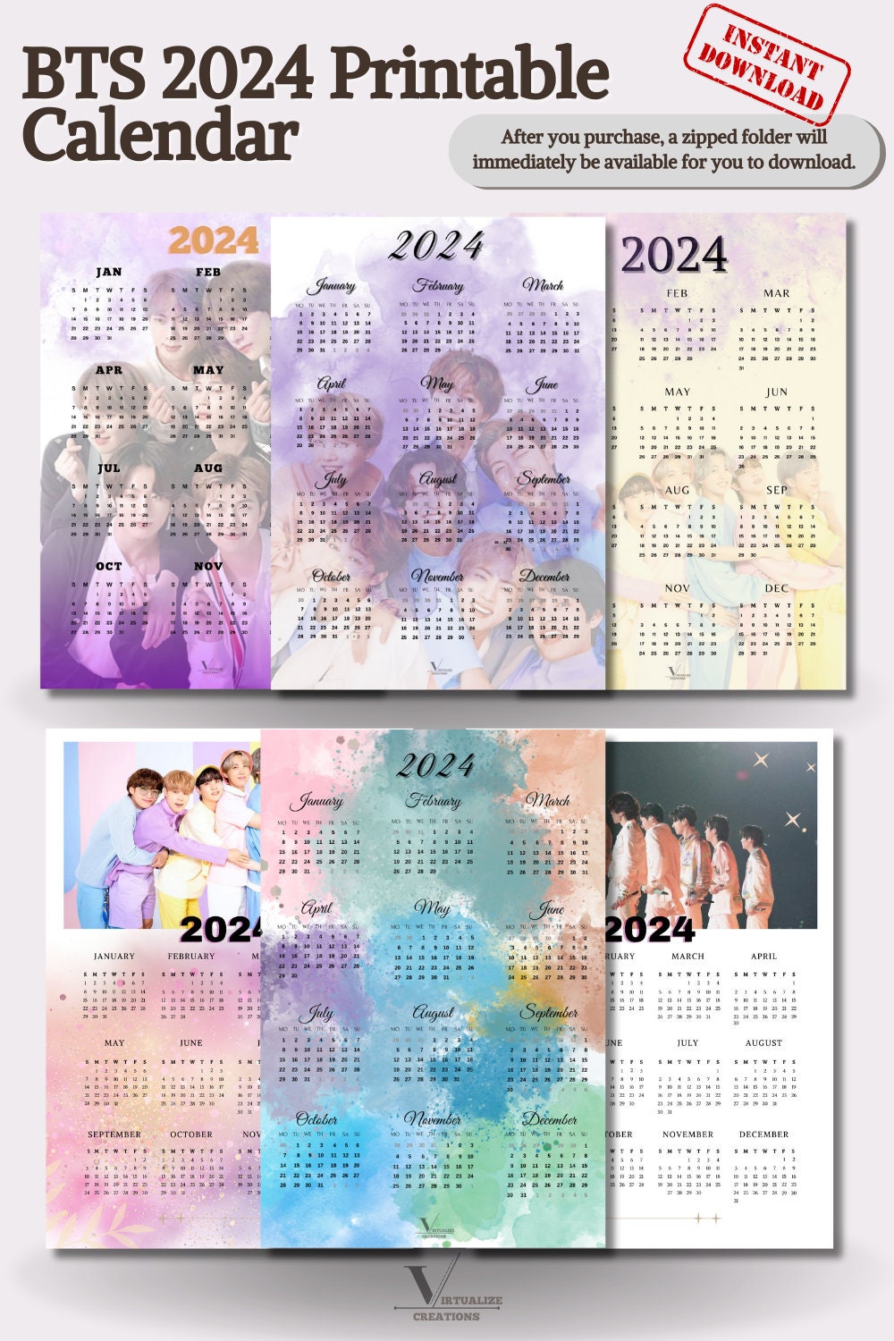 BTS Printable Calendar 2024 BTS Aesthetic Elegant Bts OT7 Calendar 2024