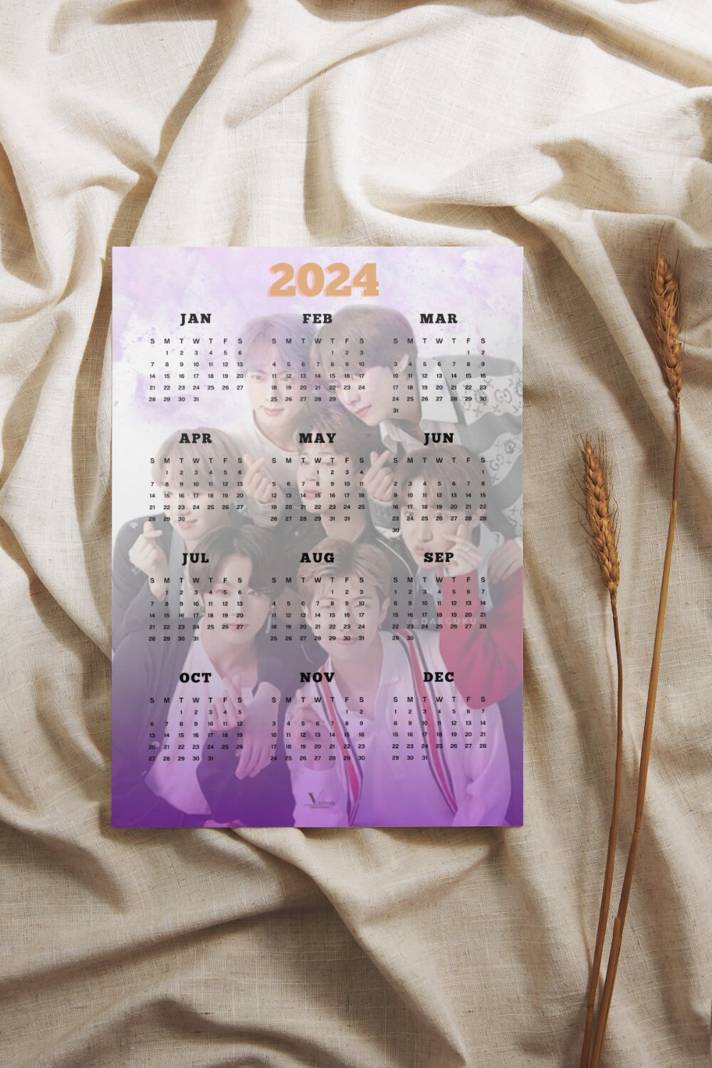 BTS Printable Calendar 2024 BTS Aesthetic Elegant Bts OT7 Calendar 2024