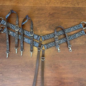 May include: A set of brown leather horse tack with a leopard print design. The tack includes a breast collar, a crupper, and two sets of side reins.